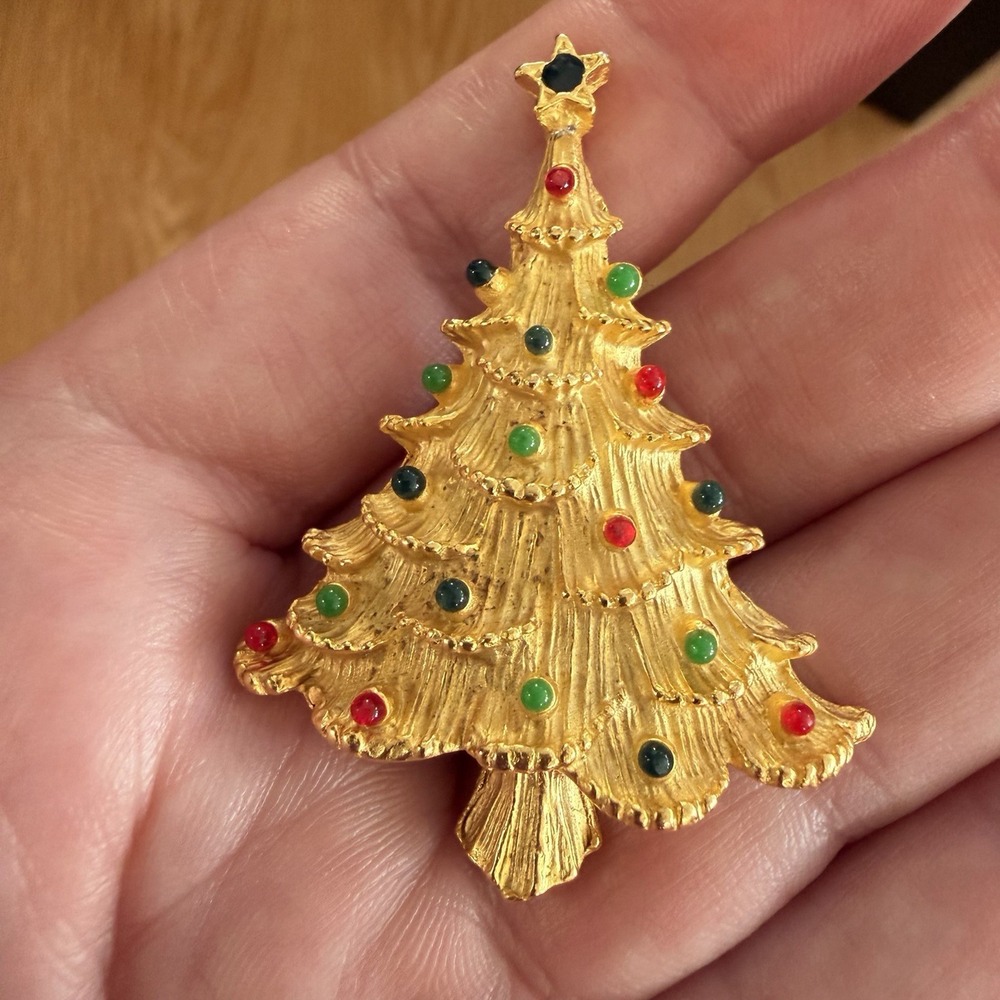 Vintage Christmas Tree Brooch Pin Gold EISENBERG Rhinestone Star Red Green Blue